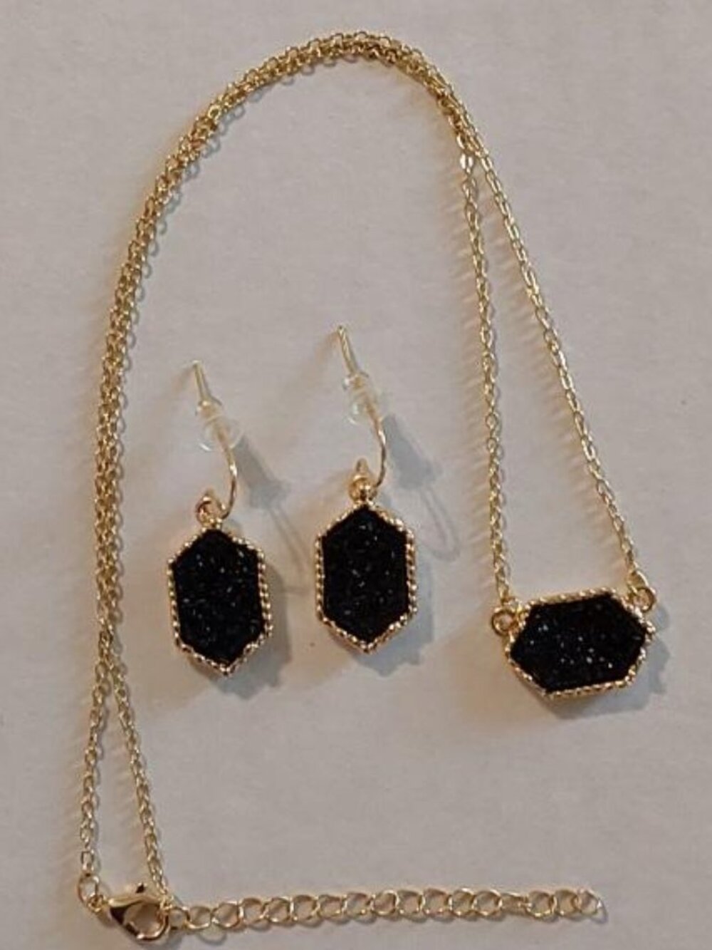 Gold-tone Black Druzy-style Necklace and Earring Set